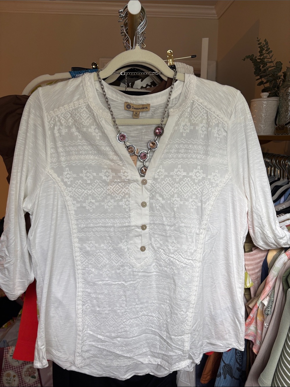 Democracy White Embroidered Henley Women's Top nwt rare